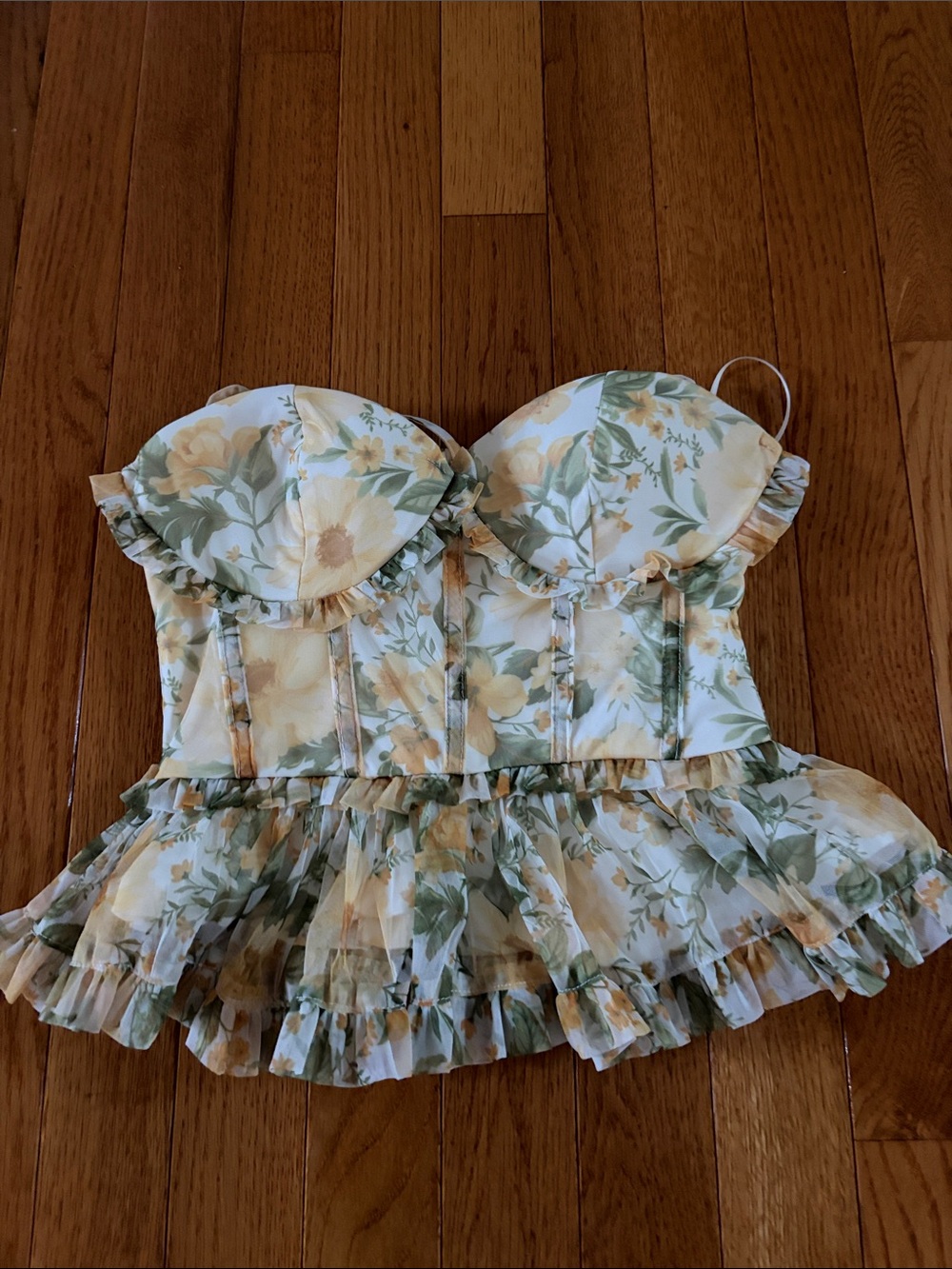 Vici Floral Ruffle Bustier Crop Top - Yellow Green